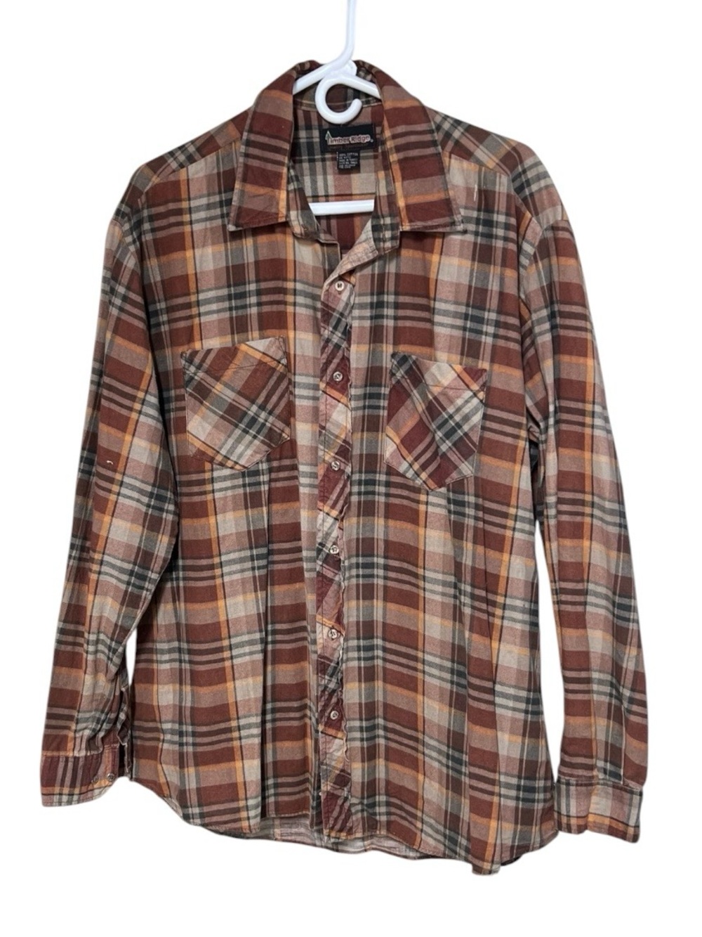 Vintage Timber Ridge Brown Multicolor Plaid Cotton Flannel Button Up Shirt XLT